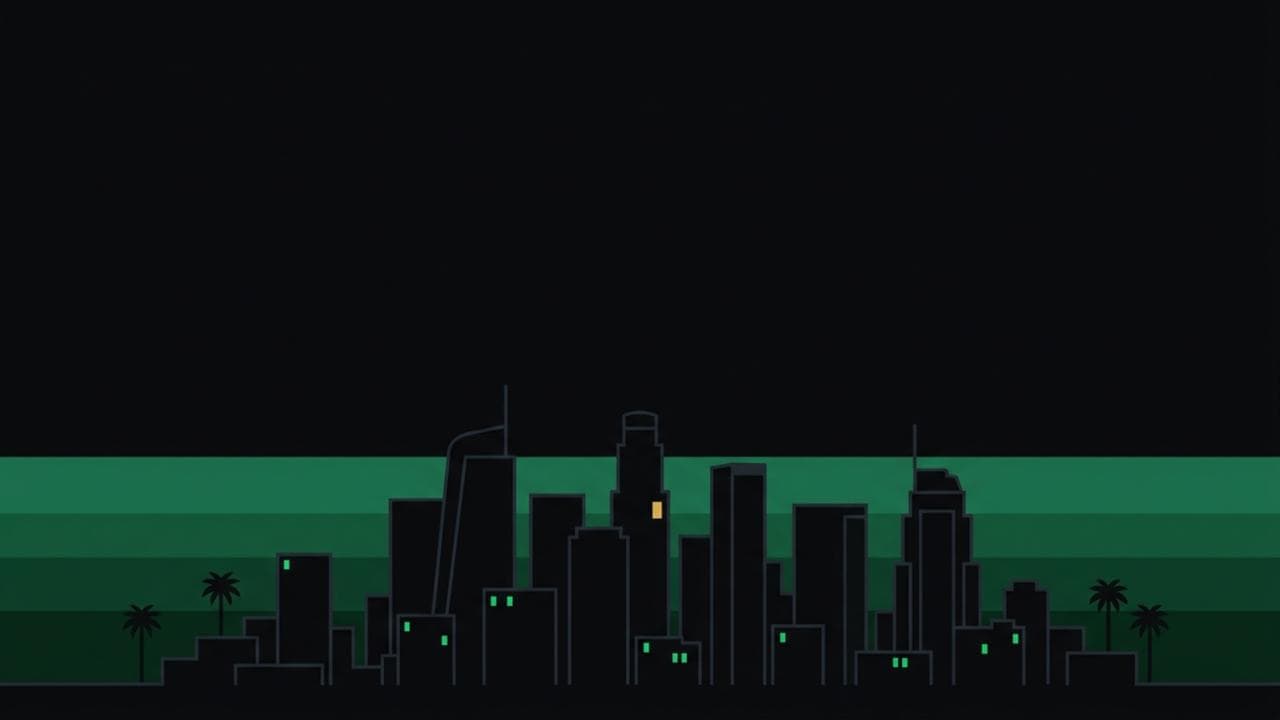 53 Millions: the Los Angeles reality series. A dark studio skyline at dusk lit by an emerald floor glow.